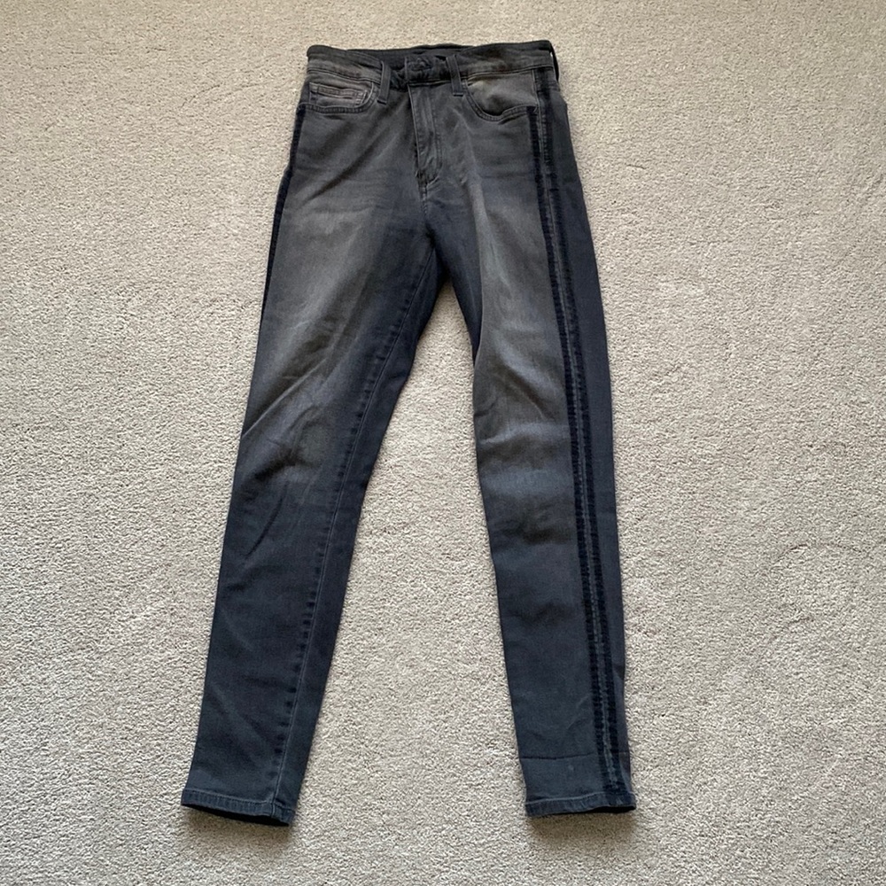 Charcoal gray skinny jeans with black stripes on side